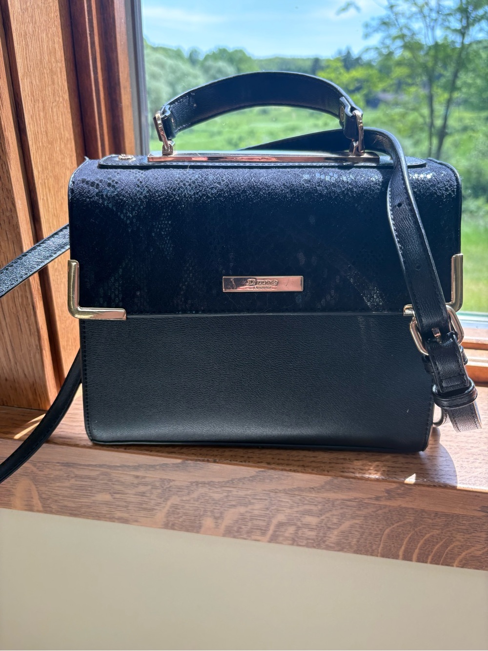 Structured Black Python Embossed Sueded Flap Gold Hardware Top Handle Satchel